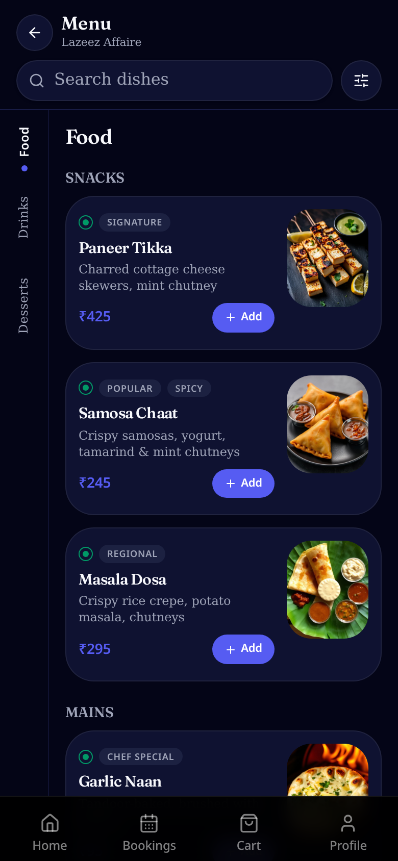 Digital QR menu showing dish photos, diet markers, tags, prices and add-to-cart buttons