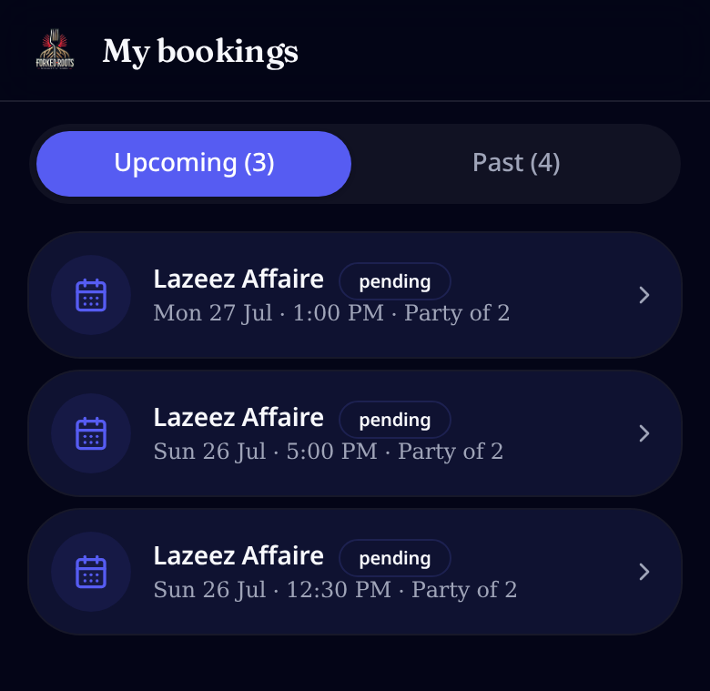 Guest account showing upcoming and past bookings with status pills