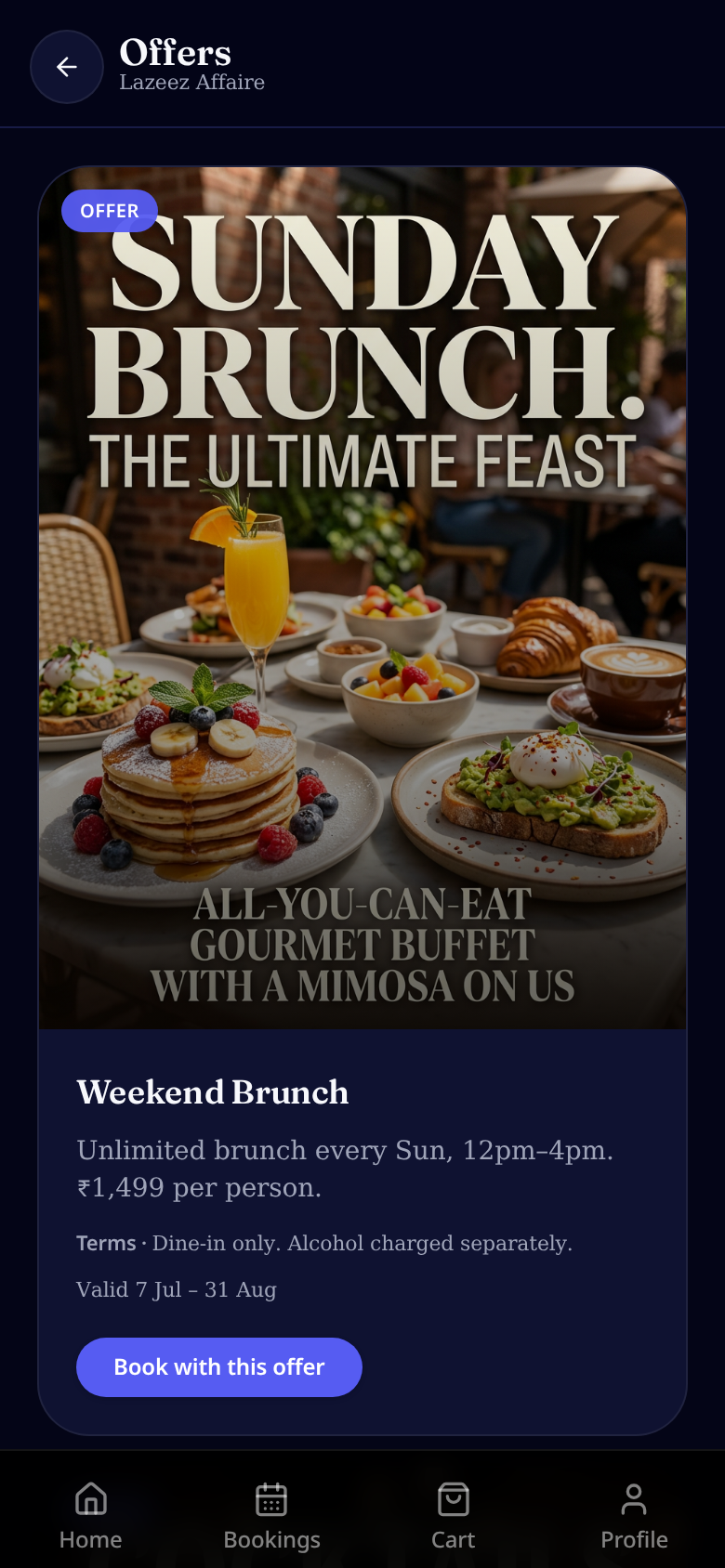 Restaurant offer page with a Sunday brunch poster and Book with this offer button