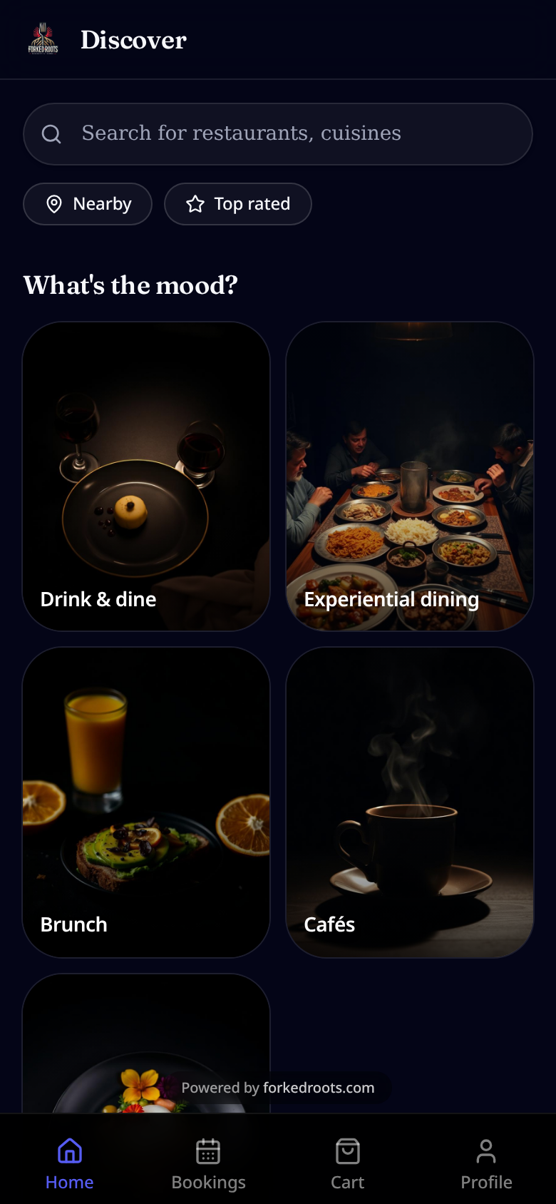 Guest discovery home screen with search, nearby filters and mood categories